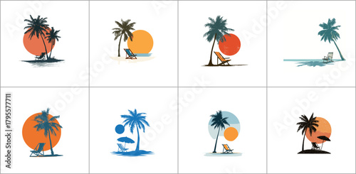 Collection of tropical beach scene with palm trees