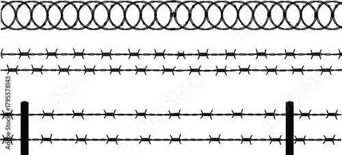 Barbed wire and razor coil fence, security design, protective barrier, metal strands, danger symbol, industrial fencing, harsh boundary, posts, silhouette