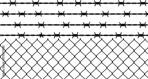 Barbed wire and chain-link fencing, security barrier, metal mesh, protective design, danger symbol, industrial boundary, harsh texture, containment concept, silhouette
