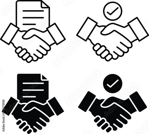 Business Handshake Agreement With Contract And Approved Check Mark Vector Silhouette and Pictogram..eps