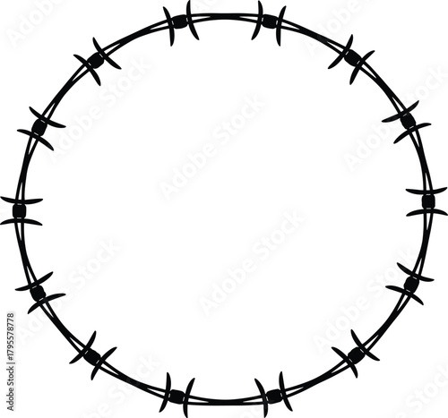 Barbed wire circle, sharp twisted metal loop, security fencing symbol, industrial protection, danger boundary, confinement structure, restricted zone, symmetrical design