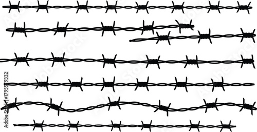 Barbed wire design variations, security fencing, metal strands, sharp barbs, protective barrier, industrial silhouette, danger symbol, harsh boundary, containment concept