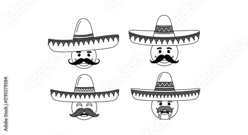 Four cartoon faces wearing traditional sombreros and mustaches in black and white
