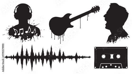Set of music themed vector silhouettes including a guitar sound wave and cassette tape isolated on white background