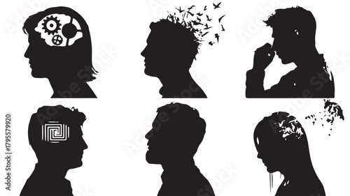 Silhouette of human heads showing mental states vector illustration of psychological conditions and thought processes isolated on white
