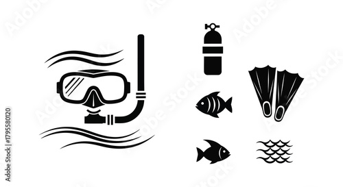 Black and white icons depicting scuba diving equipment and marine life