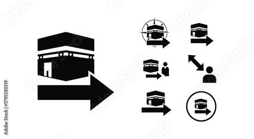 Black and white illustrations depicting the kaaba and directional arrows