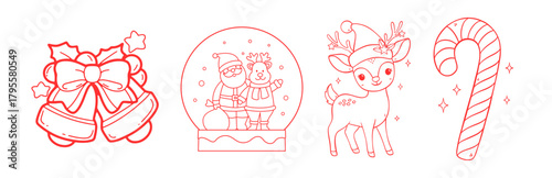 Christmas icons collection: festive bells, santa & reindeer snow globe, cute deer, candy cane