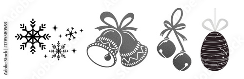 Christmas and winter holiday icons: snowflakes, bells, bauble, and hanging ornament. vector illustration.