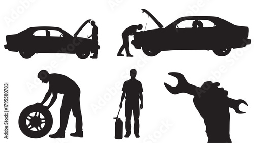 Silhouette set of car repair and maintenance vector illustration of mechanic working on vehicle isolated on white background