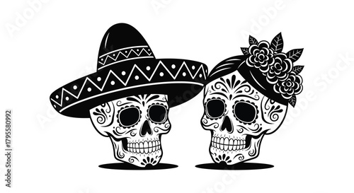 Dia de los muertos decorative skull couple with traditional hats and flowers