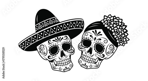 Dia de los muertos decorative skull couple with traditional hats and flowers