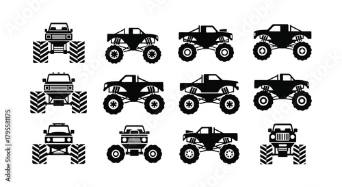 A collection of black and white monster truck silhouettes in a grid pattern