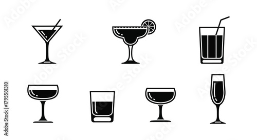 A collection of various cocktail and drinkware icons in black and white