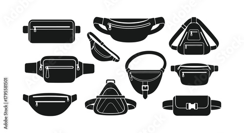 Variety of black and white belt bag silhouettes displayed in a collection