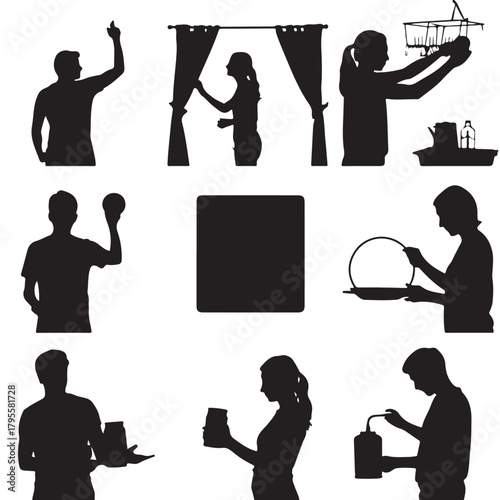 Set of silhouette people doing everyday activities vector illustration of diverse actions isolated on white background