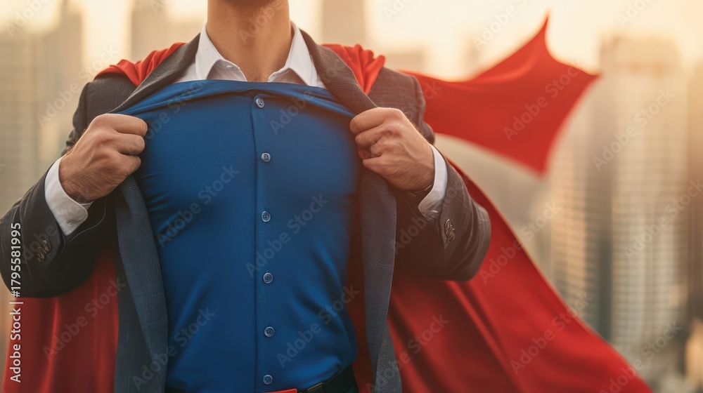 Fototapeta premium A confident individual in a suit reveals a superhero costume underneath, set against a city skyline, symbolizing strength and empowerment.