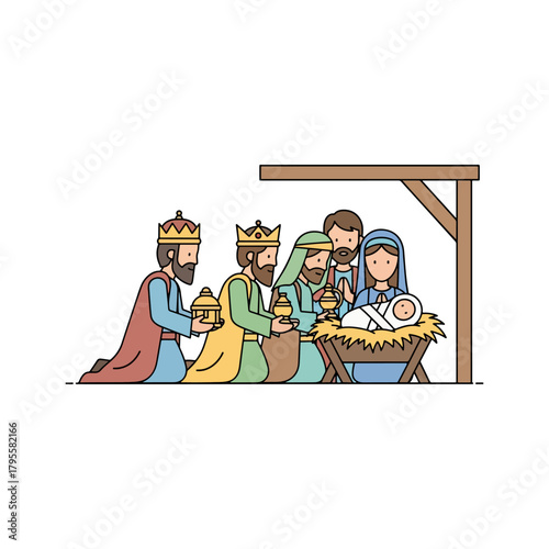 Nativity Scene Illustration Featuring The Three Wise Men Presenting Gifts to Baby Jesus with Mary and Joseph