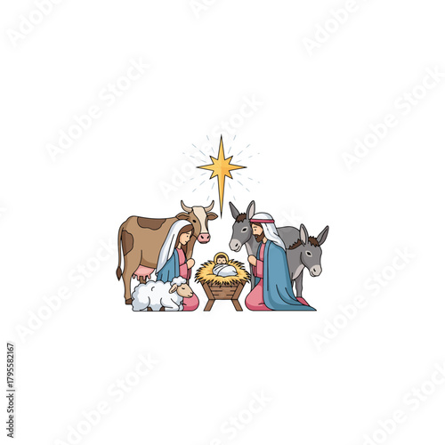 Nativity Scene Illustration with Baby Jesus, Mary, Joseph, Cow, Donkey, Sheep, and Star of Bethlehem