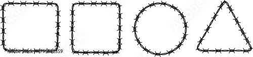 Barbed wire geometric shapes, square circle triangle, security fencing outline, sharp metal boundary, industrial protection, confinement symbol, restricted zone design