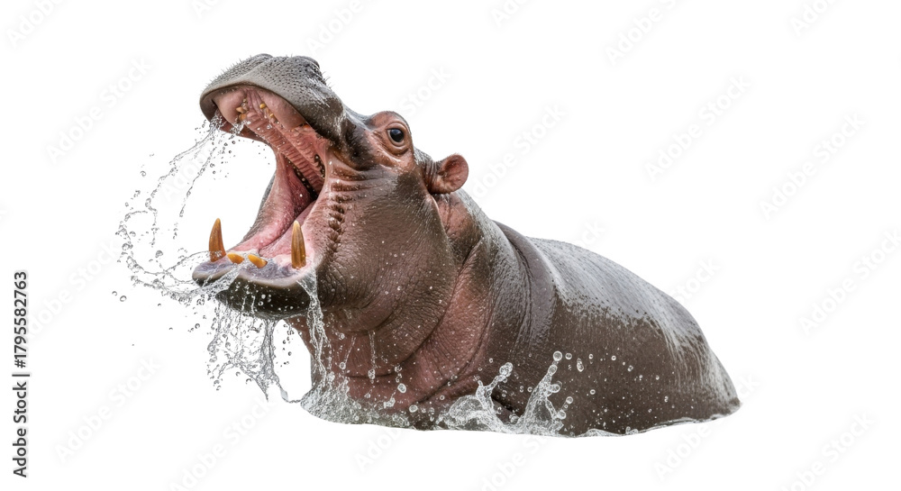 Fototapeta premium Hippopotamus with open mouth splashing water isolated PNG with Transparent Background