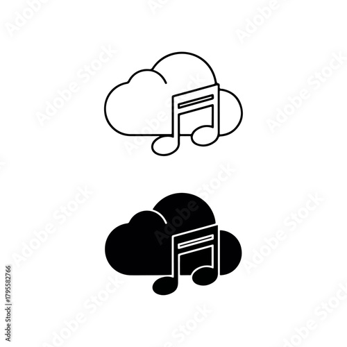 Cloud with music notes icon, represents cloud music storage, digital audio files, streaming services, and online music library concept