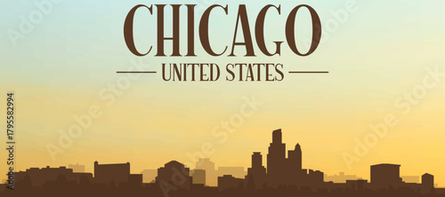 Panoramic poster of the city skyline with misty background buildings, hills sunrise, sunset and clouds of CHICAGO, UNITED STATES