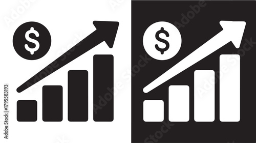 Rising bar graph with dollar sign a vector icon for financial growth isolated on white and black backgrounds