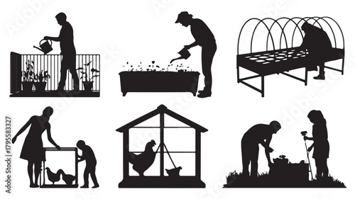 Set of gardening silhouette icons vector illustrations of people watering plants tending to chickens and working in the garden isolated on white