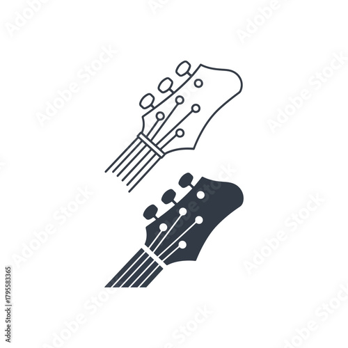 Two stylized guitar headstock icons one outline and one silhouette representing musical instruments and stringed instruments