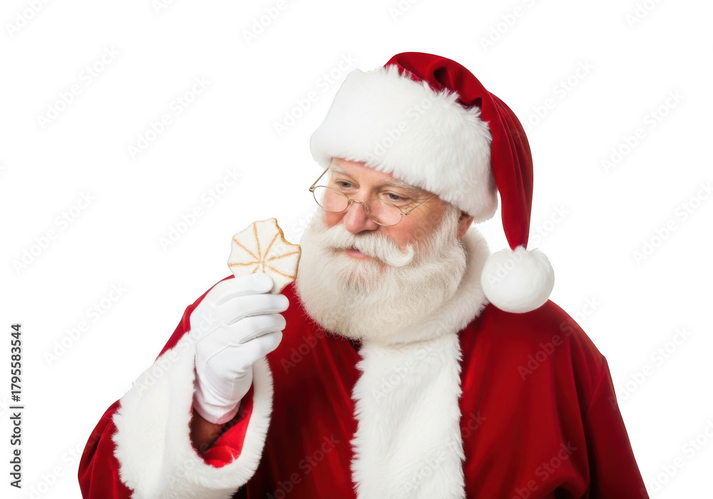 Naklejka premium Santa claus wearing his traditional red suit and hat, holding and looking at a christmas cookie, isolated on transparent background