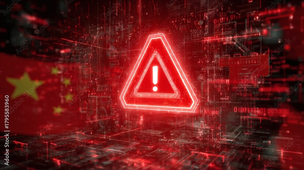 Fototapeta premium Cybersecurity alert concept with digital warning signs and Chinese flag overlay on red background symbolizing internet system threat or data attack risk. 