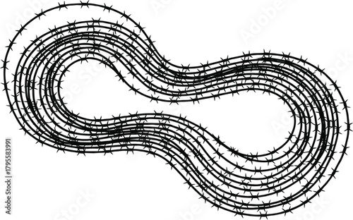 Barbed wire infinity loop, security symbol, harsh boundaries, endless restriction, danger concept, industrial fencing, confinement metaphor, protective barrier, edgy design