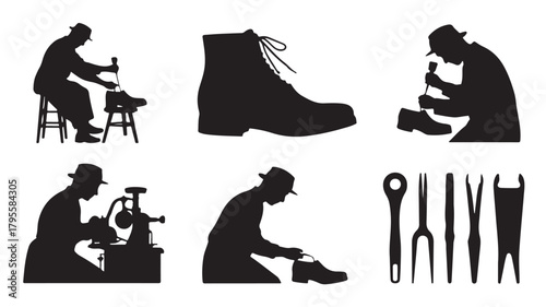 Silhouettes of a shoemaker repairing shoes vector illustration of cobbler at work isolated on white background