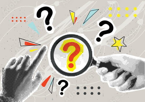 Trendy Halftone Collage Hand with a magnifying glass look at the question mark. Modern collage style. Vector illustration

