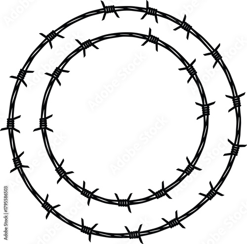 Barbed wire security loops, concentric metal fencing, sharp protective barrier, industrial perimeter defense, restricted area symbol, danger containment structure