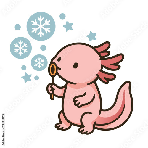 Cute Axolotl Blowing Snowflake Bubbles Winter Cartoon Vector