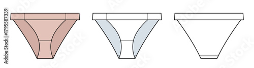 Seamless Low-Rise Bikini Bottom Technical Fashion Illustration. Women’s Swimwear Vector Template. Front and Back View. Minimalist Swimsuit Bottom. CAD Mockup.