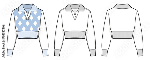 Cropped Argyle Sweater Vest and Polo Collar Sweater Technical Fashion Illustration. Long-Sleeve Knitwear Vector Template. Front and Back View. Women’s Fashion. CAD Mockup Set.
