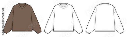 Crewneck Sweater Technical Fashion Illustration. Long-Sleeve Pullover Vector Template. Front and Back View. Relaxed Fit. Women’s Wear. CAD Mockup.