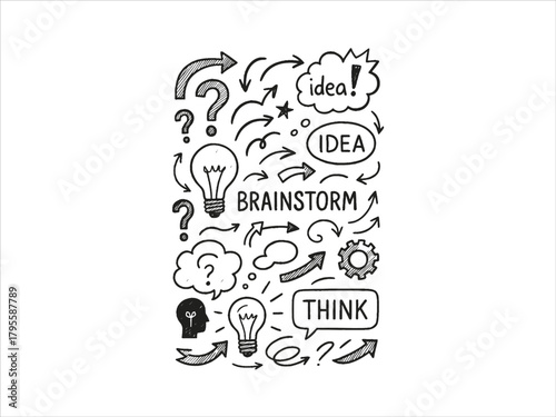 
creative brainstorming doodle icons, ideas bubbles, arrows, question
