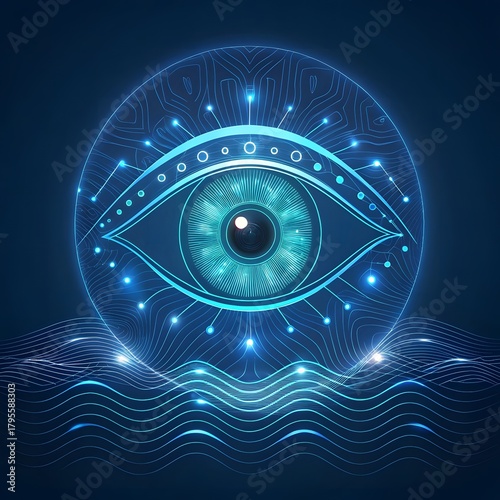 Futuristic glowing eye within a digital sphere with abstract light patterns