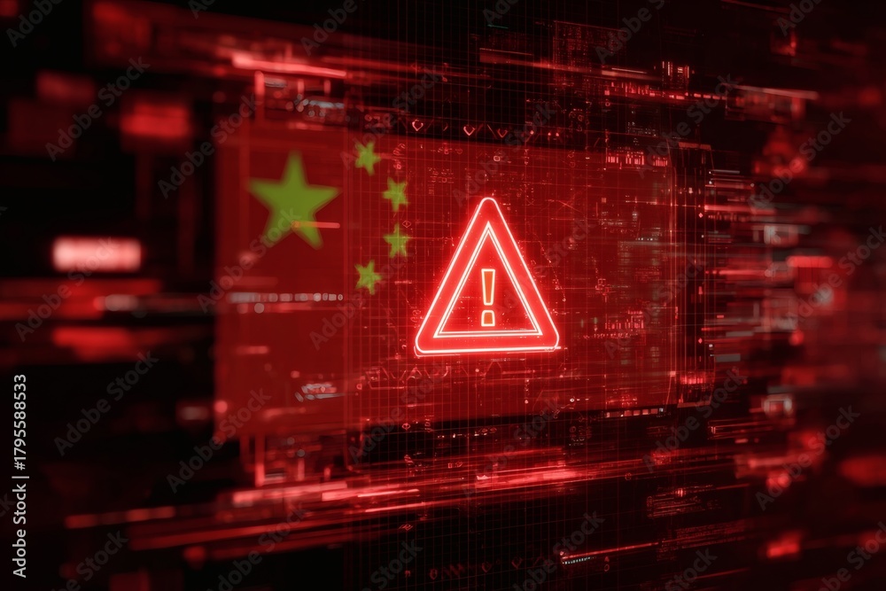 Obraz premium Cybersecurity alert concept with digital warning signs and Chinese flag overlay on red background symbolizing internet system threat or data attack risk. 