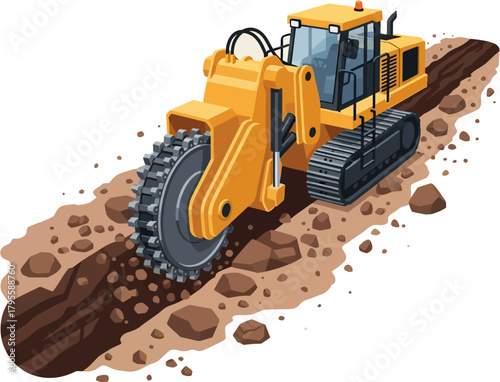 Trencher Construction Digging Machine Vector — Industrial Trench Cutting, Earthmoving, and Utility Line Installation Equipment