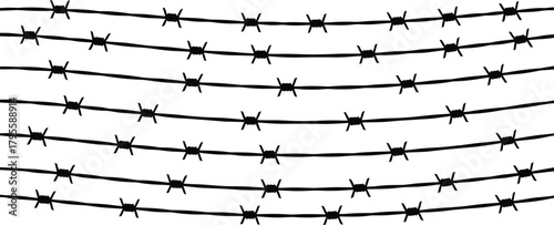 Barbed wire strands, horizontal alignment, sharp twisted metal, security fencing design, industrial protection, danger boundary, restricted zone, confinement structure, tension lines