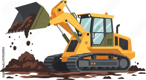 Crawler Loader Heavy Equipment Vector — Earthmoving, Digging, and Material Handling Machine for Construction and Mining Sites