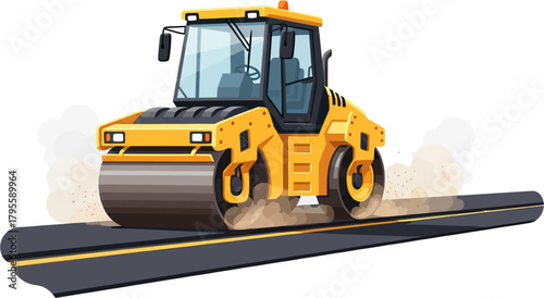 Road Roller Asphalt Compaction Machine Vector — Pavement and Ground Leveling Equipment for Road Construction Projects