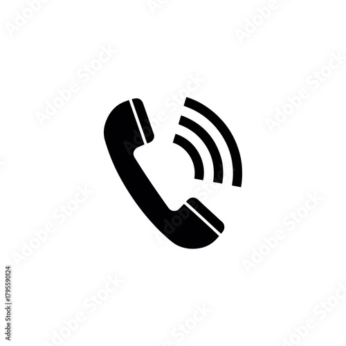 Vector icon of a black telephone handset with sound waves emanating from it on a white background