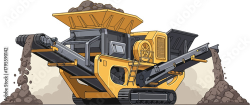 Rock Crusher Heavy Mining Machinery Vector — Industrial Crushing Equipment for Stone Processing, Quarrying, and Aggregate Production