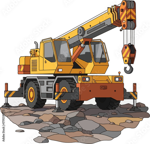 Rough Terrain Crane Heavy Lifting Machine Vector — Off-Road Construction Equipment for Material Hoisting and Structural Assembly